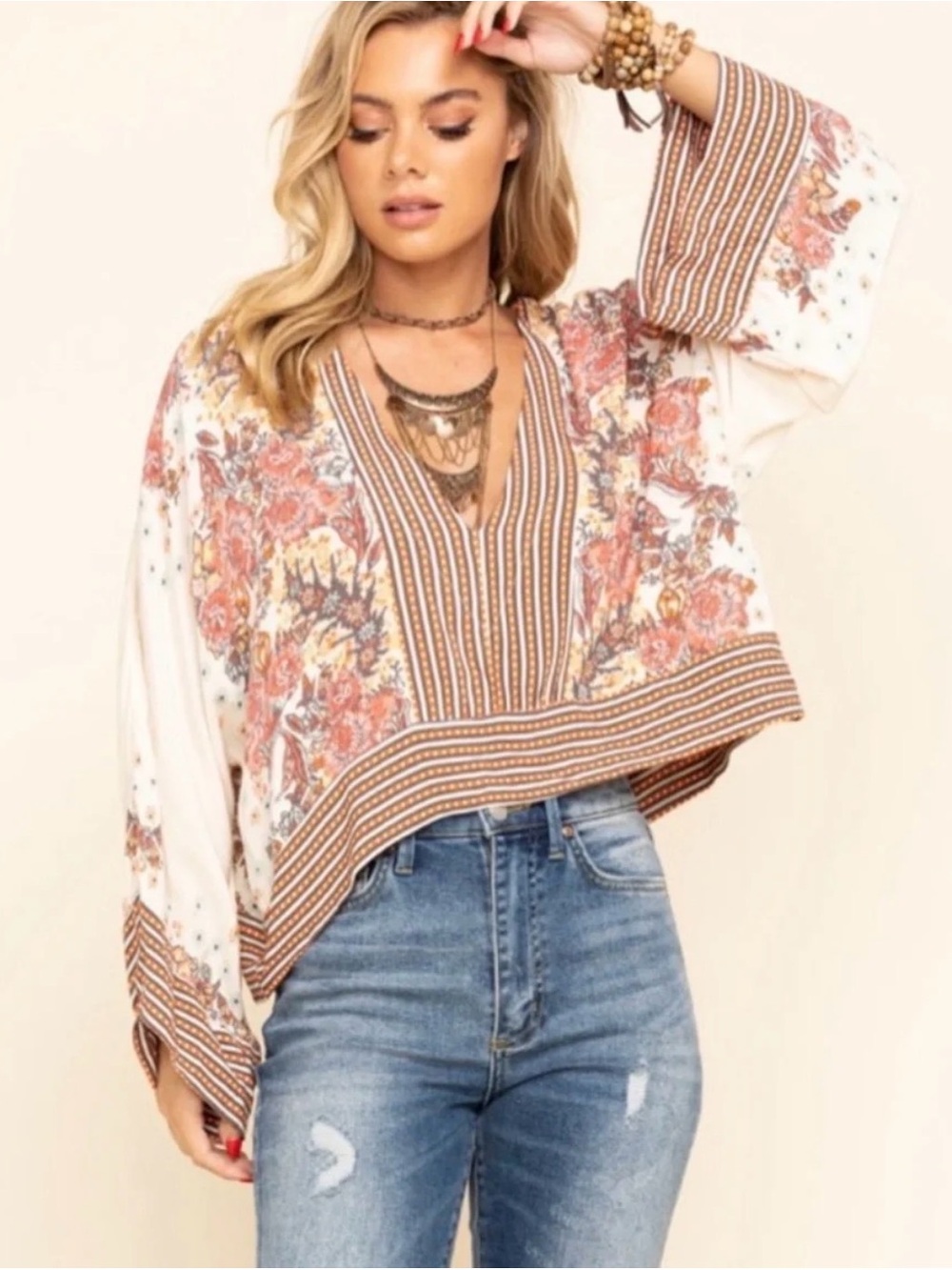 Free People Mix-n-Match Blouse in Cream & Red